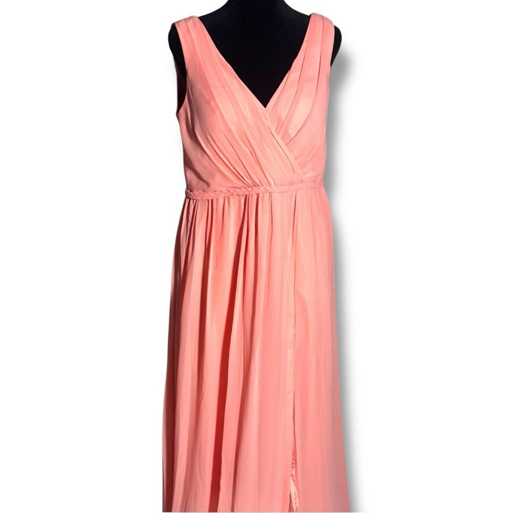 Azazie Coral Pink V-neck and Back High Slit Braided Waist Sleeveless Maxi Dress - Picture 5 of 16